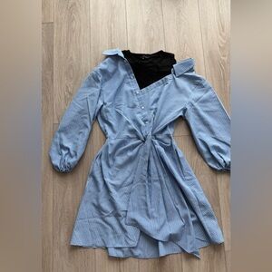 Maje Blue and White Striped Tie-Waist Long Sleeve Dress